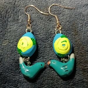 Colorful Blue And Yellow Floral And Bird Earrings